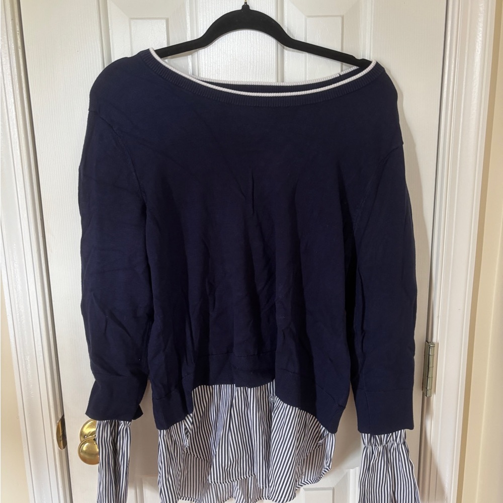 New York & Company Navy Blue Sweater with Striped Hem
